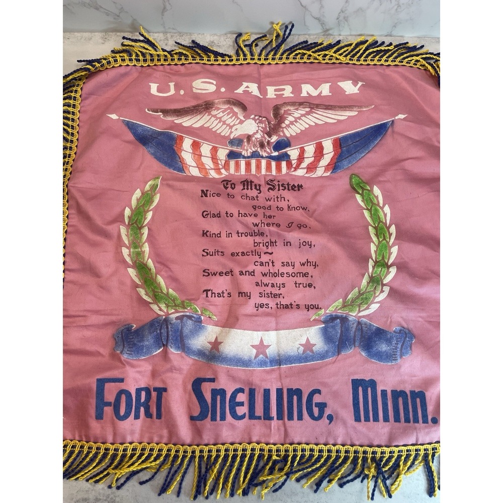 US ARMY FORT SNELLING MINNESOTA TO MY SISTER PILLOW COVER WWII ERA